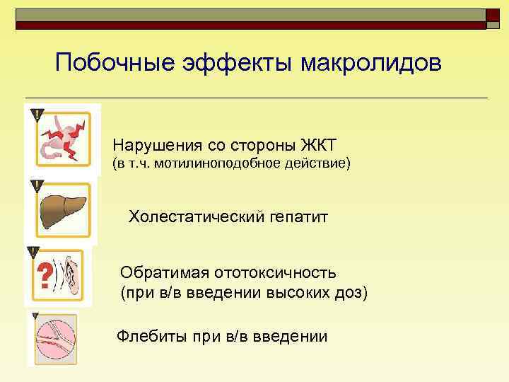 Побочные эффекты макролидов Нарушения со стороны ЖКТ (в т. ч. мотилиноподобное действие) Холестатический гепатит