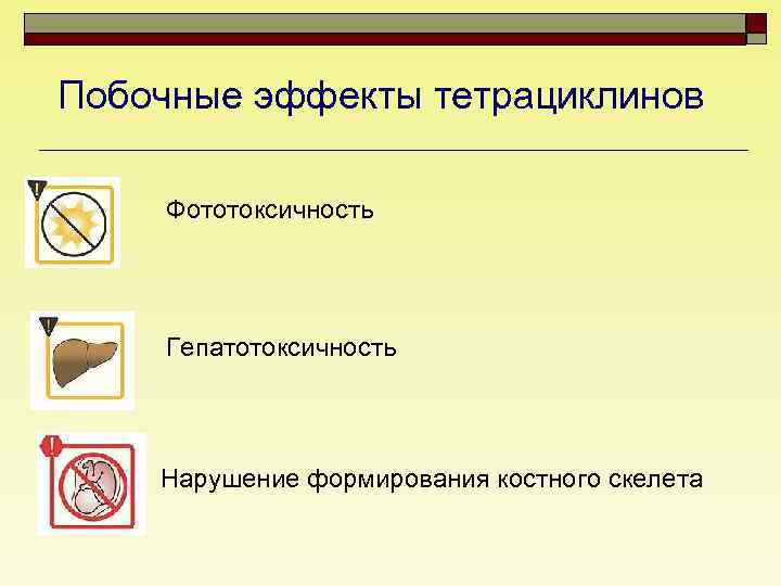 Побочные эффекты тетрациклинов Фототоксичность Гепатотоксичность Нарушение формирования костного скелета 