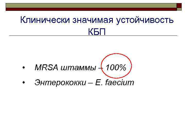 Клинически значимая устойчивость КБП • MRSA штаммы – 100% • Энтерококки – E. faecium