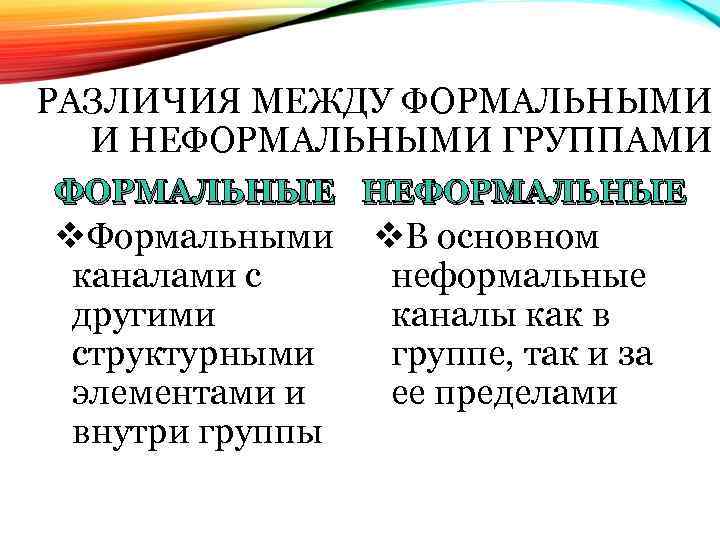 РАЗЛИЧИЯ МЕЖДУ ФОРМАЛЬНЫМИ И НЕФОРМАЛЬНЫМИ ГРУППАМИ ФОРМАЛЬНЫЕ НЕФОРМАЛЬНЫЕ v. Формальными каналами с другими структурными