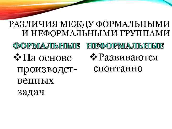 РАЗЛИЧИЯ МЕЖДУ ФОРМАЛЬНЫМИ И НЕФОРМАЛЬНЫМИ ГРУППАМИ ФОРМАЛЬНЫЕ НЕФОРМАЛЬНЫЕ v. На основе производственных задач v.