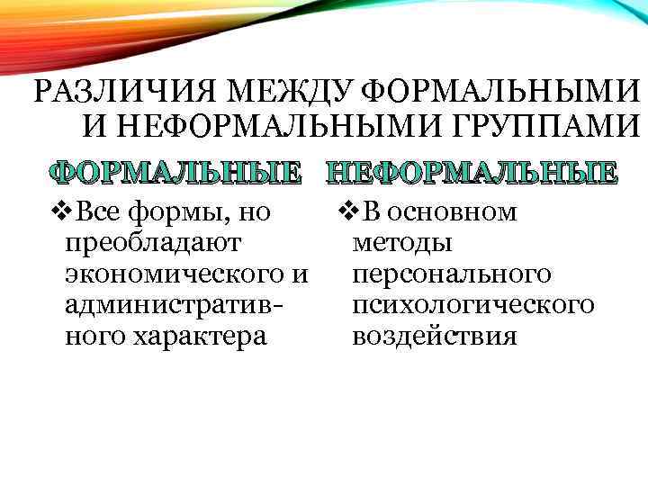 РАЗЛИЧИЯ МЕЖДУ ФОРМАЛЬНЫМИ И НЕФОРМАЛЬНЫМИ ГРУППАМИ ФОРМАЛЬНЫЕ НЕФОРМАЛЬНЫЕ v. Все формы, но v. В