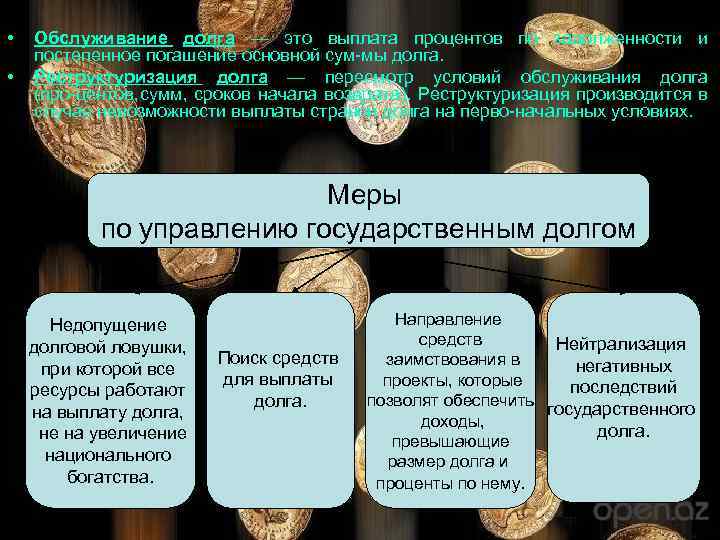  • • Обслуживание долга — это выплата процентов по задолженности и постепенное погашение