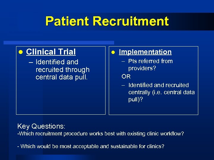 Patient Recruitment l Clinical Trial – Identified and recruited through central data pull. l