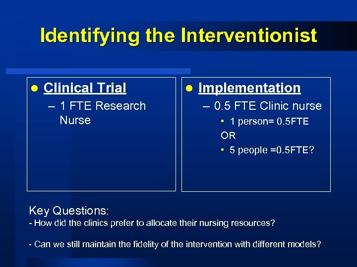 Identifying the Interventionist l Clinical Trial – 1 FTE Research Nurse l Implementation –