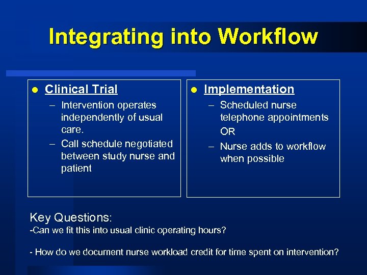 Integrating into Workflow l Clinical Trial – Intervention operates independently of usual care. –