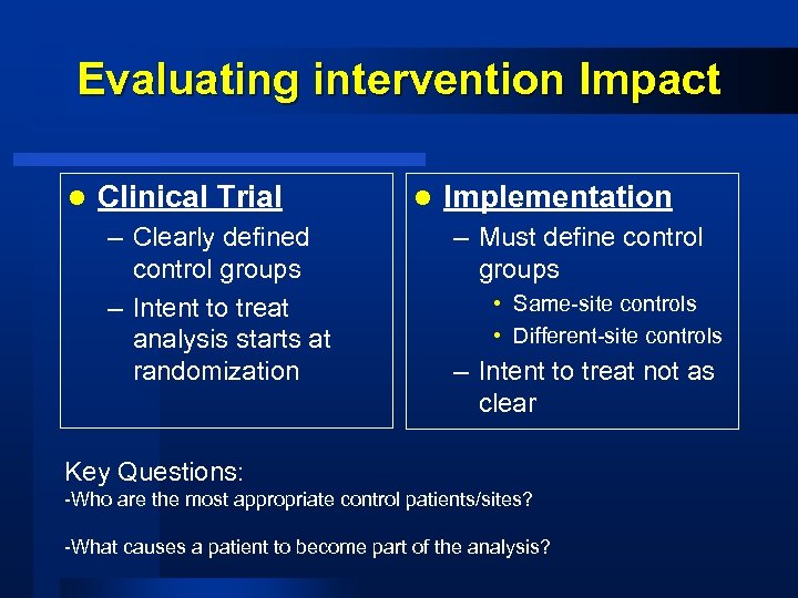 Evaluating intervention Impact l Clinical Trial – Clearly defined control groups – Intent to