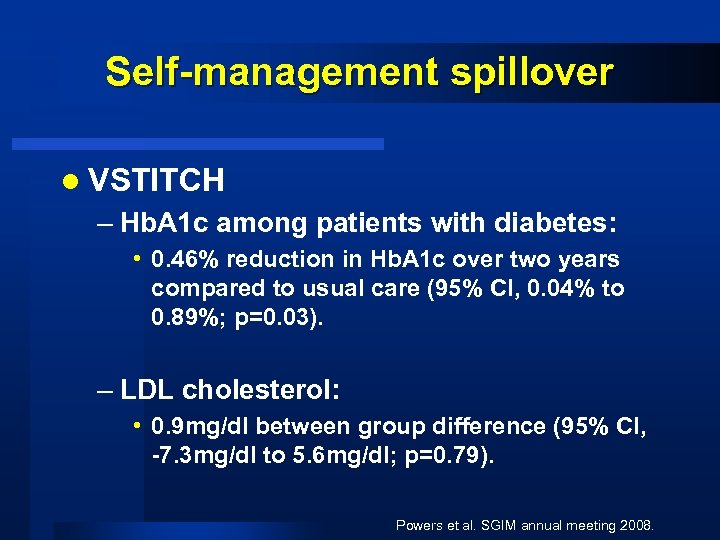 Self-management spillover l VSTITCH – Hb. A 1 c among patients with diabetes: •