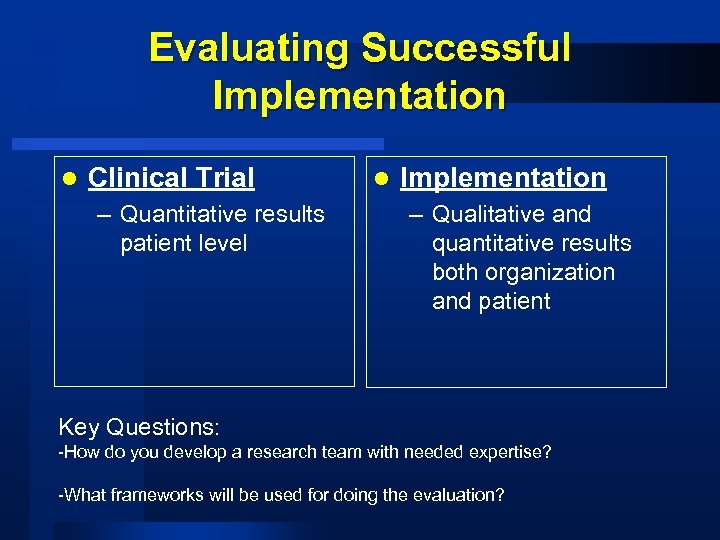 Evaluating Successful Implementation l Clinical Trial – Quantitative results patient level l Implementation –