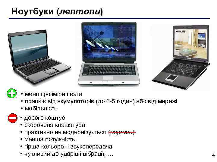 Ноутбуки (лептопи) • менші розміри і вага • працює від акумуляторів (до 3 -5