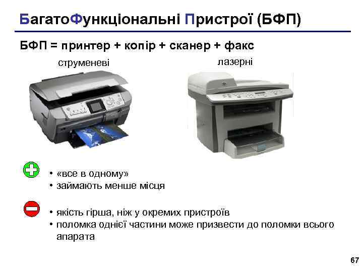 Багато. Функціональні Пристрої (БФП) БФП = принтер + копір + сканер + факс струменеві