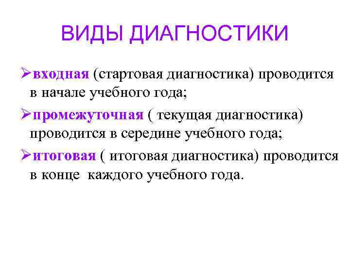 ВИДЫ ДИАГНОСТИКИ Øвходная (стартовая диагностика) проводится в начале учебного года; Øпромежуточная ( текущая диагностика)