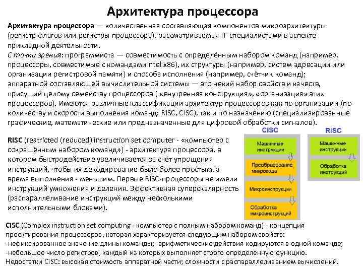 Архитектура процессора — количественная составляющая компонентов микроархитектуры (регистр флагов или регистры процессора), рассматриваемая IT-специалистами
