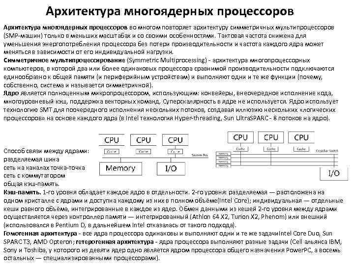 Архитектура многоядерных процессоров во многом повторяет архитектуру симметричных мультипроцессоров (SMP-машин) только в меньших масштабах