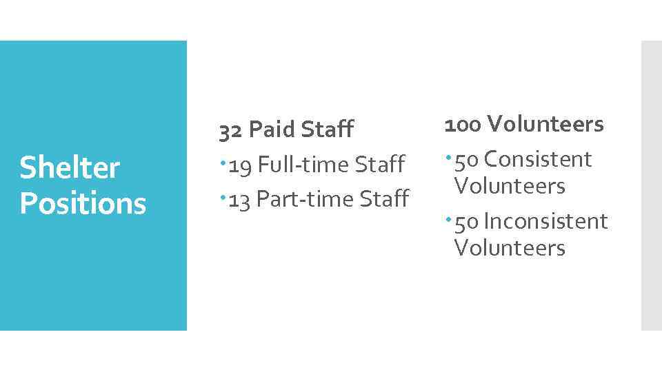 Shelter Positions 32 Paid Staff 19 Full-time Staff 13 Part-time Staff 100 Volunteers 50