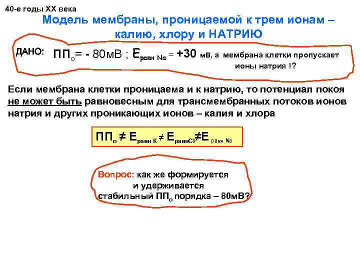 40 -е годы XX века Модель мембраны, проницаемой к трем ионам – калию, хлору
