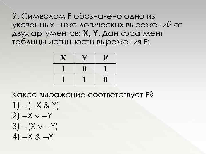 9. Символом F обозначено одно из указанных ниже логических выражений от двух аргументов: Х,