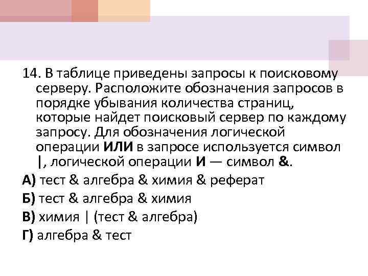 14. В таблице приведены запросы к поисковому серверу. Расположите обозначения запросов в порядке убывания