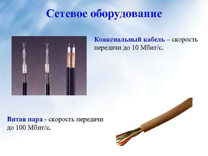 Сетевое оборудование Коаксиальный кабель – скорость передачи до 10 Мбит/с. Витая пара - скорость