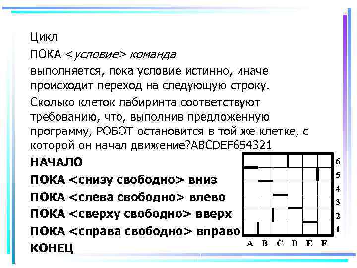 Цикл ПОКА <условие> команда выполняется, пока условие истинно, иначе происходит переход на следующую строку.