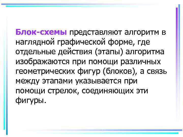 Блок-схемы представляют алгоритм в наглядной графической форме, где отдельные действия (этапы) алгоритма изображаются при