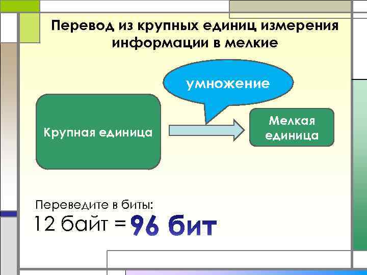 Перевод из крупных единиц измерения информации в мелкие умножение Крупная единица Переведите в биты: