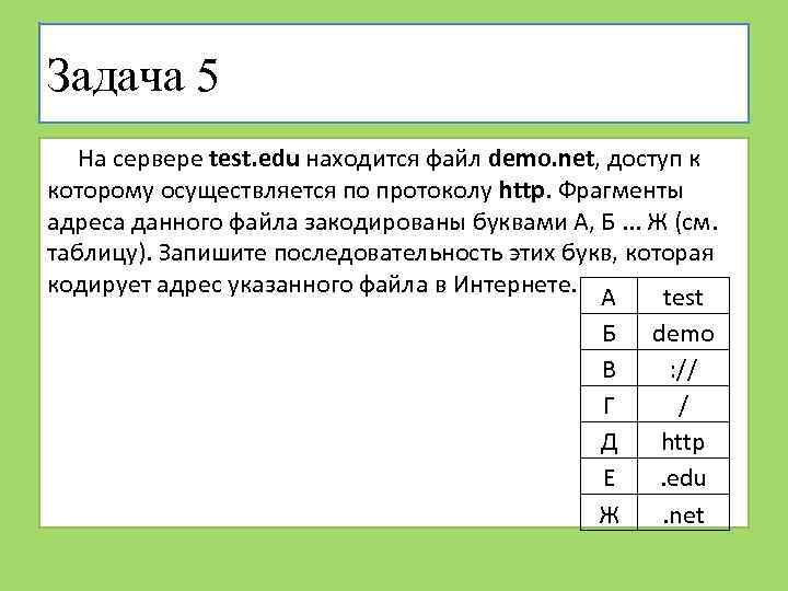 Задача 5 На сервере test. edu находится файл demo. net, доступ к которому осуществляется