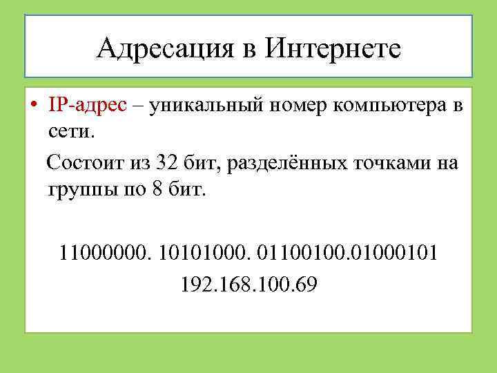 Адресация в Интернете • IP-адрес – уникальный номер компьютера в сети. Состоит из 32