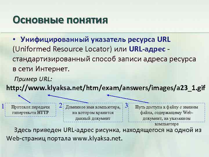 Основные понятия • Унифицированный указатель ресурса URL (Uniformed Resource Locator) или URL-адрес - стандартизированный