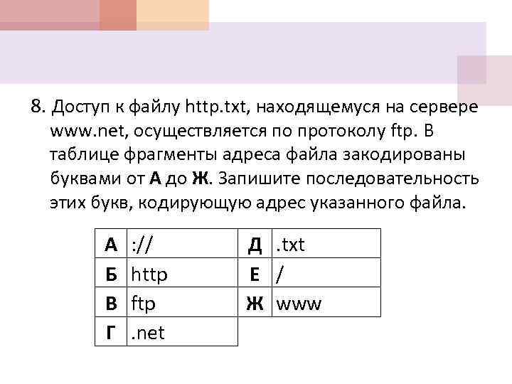 8. Доступ к файлу http. txt, находящемуся на сервере www. net, осуществляется по протоколу