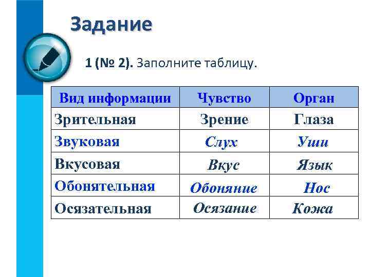 Задание 1 (№ 2). Заполните таблицу. Вид информации Зрительная Звуковая Вкусовая Обонятельная Осязательная Чувство