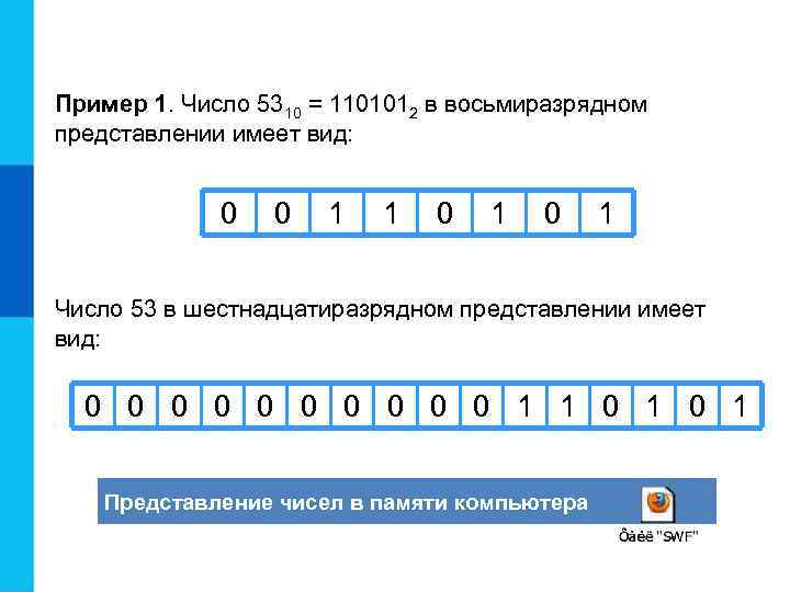 Пример 1. Число 5310 = 1101012 в восьмиразрядном представлении имеет вид: 0 0 1