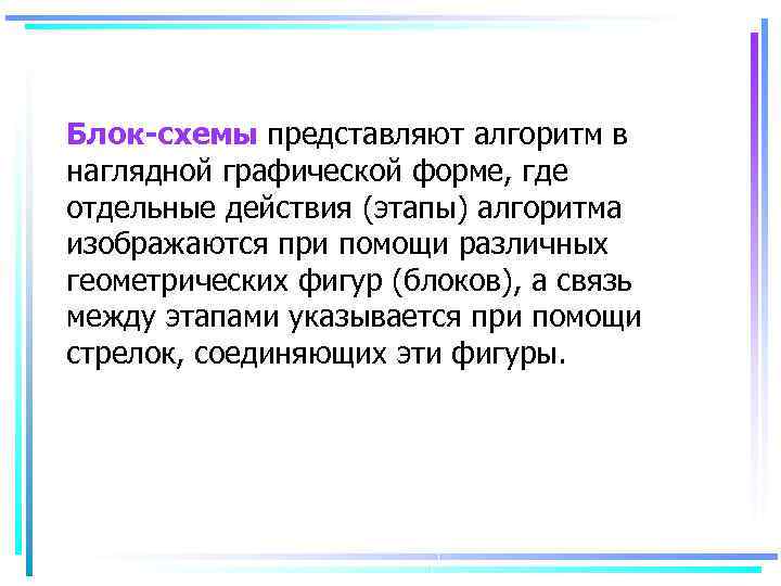Блок схемы представляют алгоритм в наглядной графической форме, где отдельные действия (этапы) алгоритма изображаются