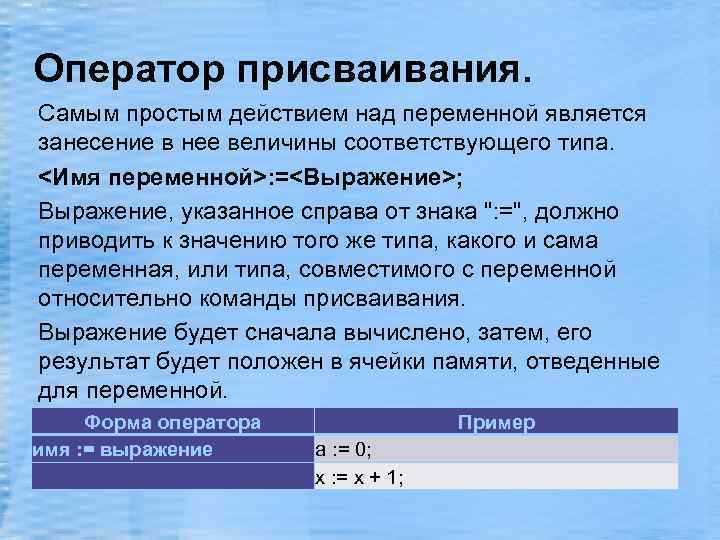 Оператор присваивания. Самым простым действием над переменной является занесение в нее величины соответствующего типа.