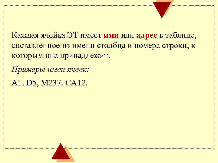 Каждая ячейка ЭТ имеет имя или адрес в таблице, составленное из имени столбца и