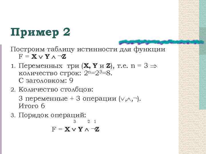 Пример 2 Построим таблицу истинности для функции F = X Y ¬Z 1. Переменных
