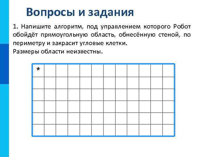 Вопросы и задания 1. Напишите алгоритм, под управлением которого Робот обойдёт прямоугольную область, обнесённую