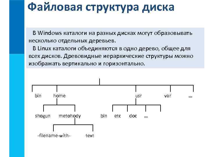 Файловая структура диска В Windows каталоги на разных дисках могут образовывать несколько отдельных деревьев.