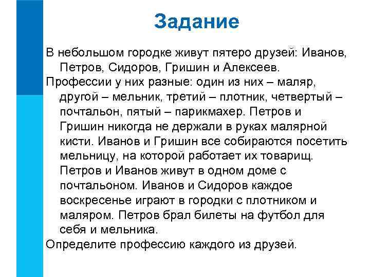 Задание В небольшом городке живут пятеро друзей: Иванов, Петров, Сидоров, Гришин и Алексеев. Профессии