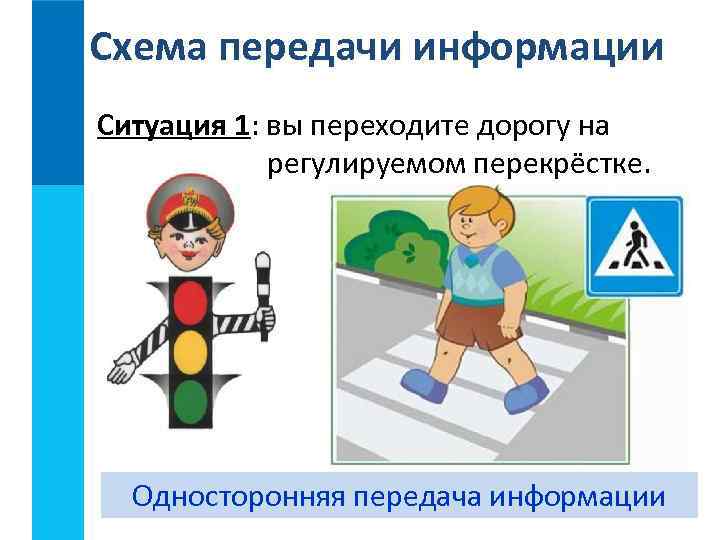 Схема передачи информации Ситуация 1: вы переходите дорогу на регулируемом перекрёстке. Односторонняя передача информации