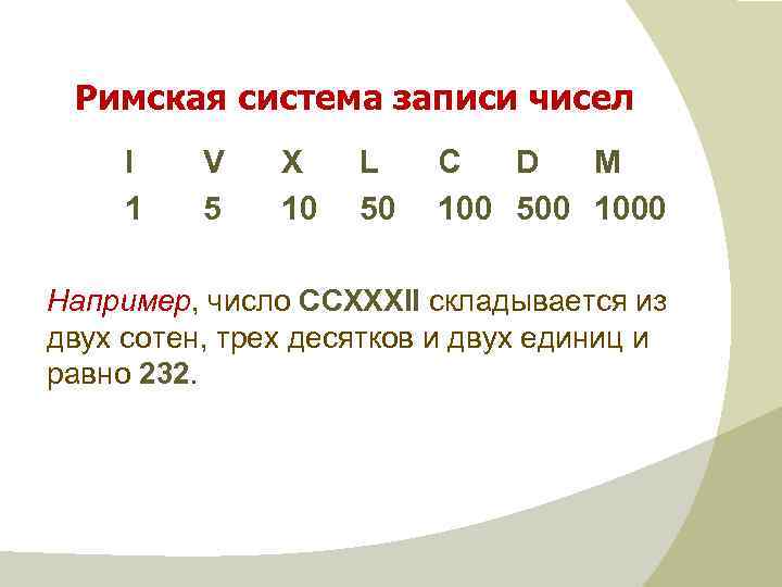 Римская система записи чисел I 1 V 5 X 10 L 50 C D