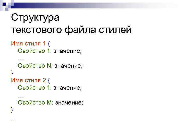 Структура текстового файла стилей Имя стиля 1 { Свойство 1: значение; … Свойство N: