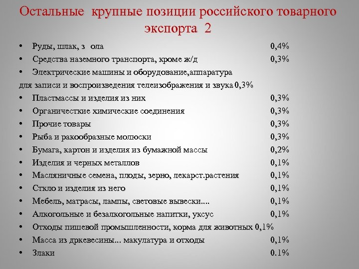 Остальные крупные позиции российского товарного экспорта 2 • Руды, шлак, з ола 0, 4%
