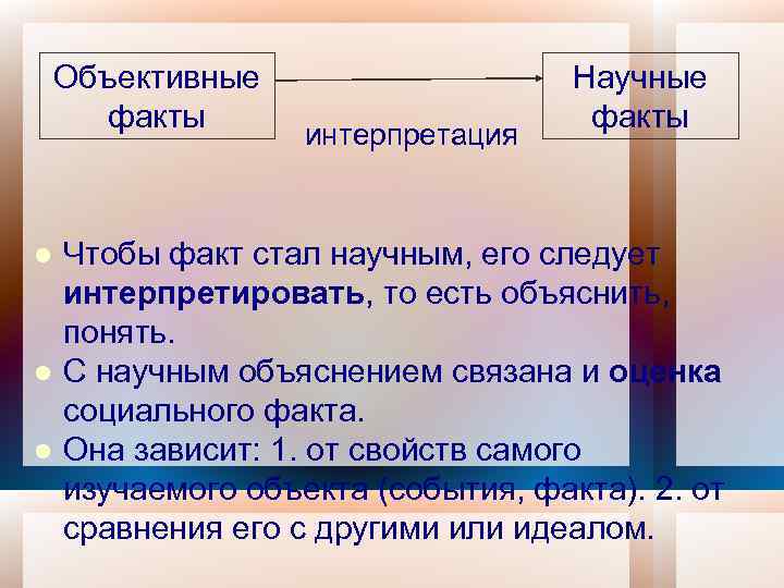 Объективные факты интерпретация Научные факты Чтобы факт стал научным, его следует интерпретировать, то есть
