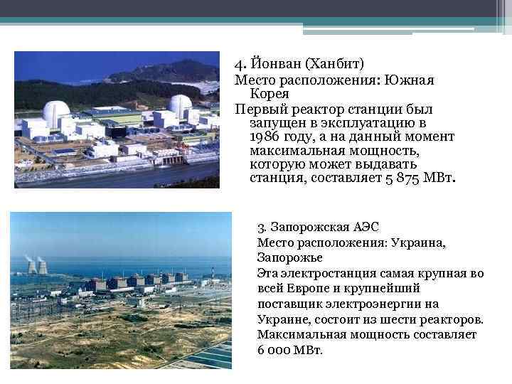 4. Йонван (Ханбит) Место расположения: Южная Корея Первый реактор станции был запущен в эксплуатацию