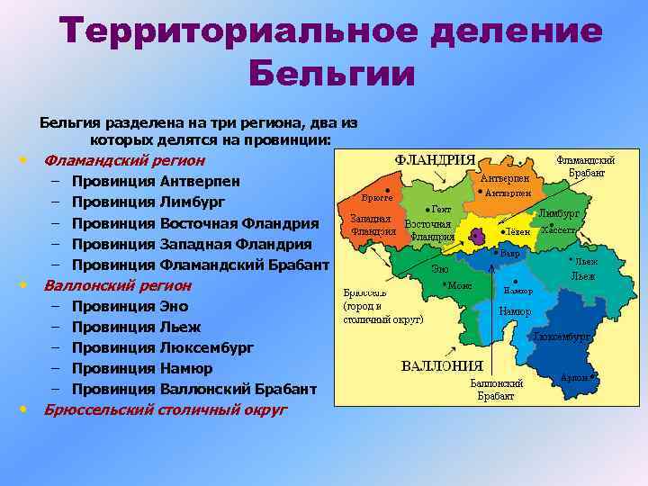 Территориальное деление Бельгии Бельгия разделена на три региона, два из которых делятся на провинции: