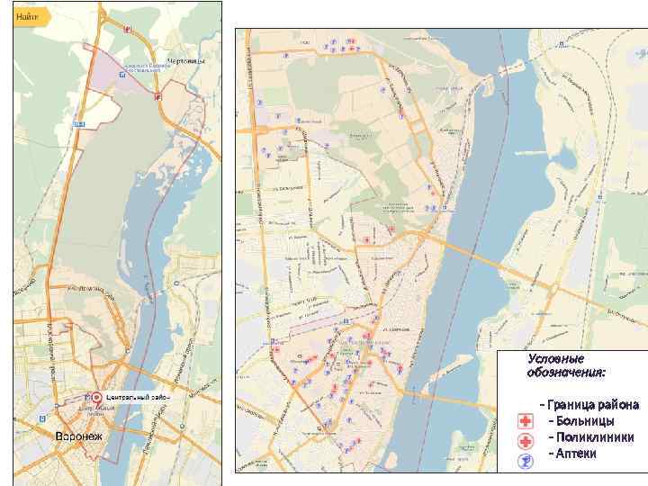 Условные обозначения: - Граница района - Больницы - Поликлиники - Аптеки 