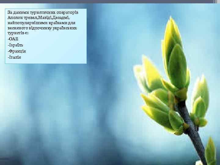 За даними туристичних операторів Аполон тревел, Мавіді, Десадмі, найпопулярнішими країнами для весняного відпочинку українських