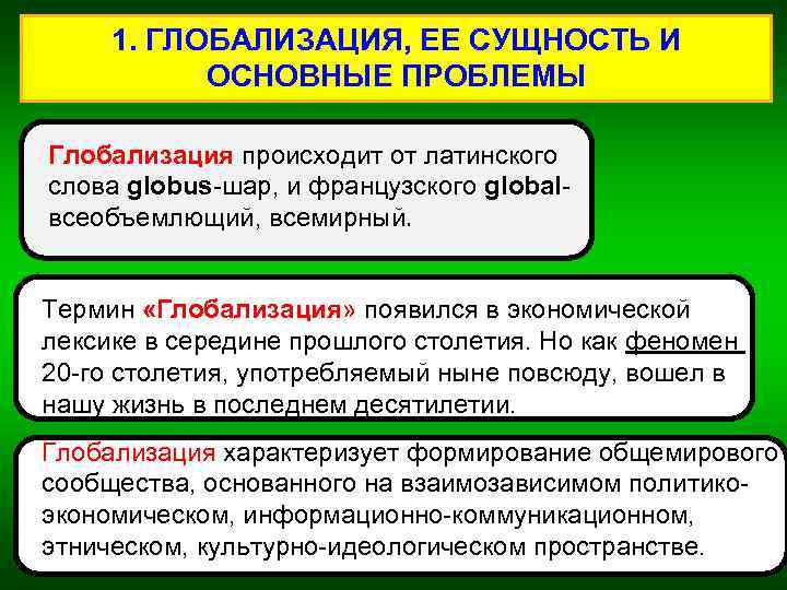 1. ГЛОБАЛИЗАЦИЯ, ЕЕ СУЩНОСТЬ И ОСНОВНЫЕ ПРОБЛЕМЫ Глобализация происходит от латинского слова globus-шар, и