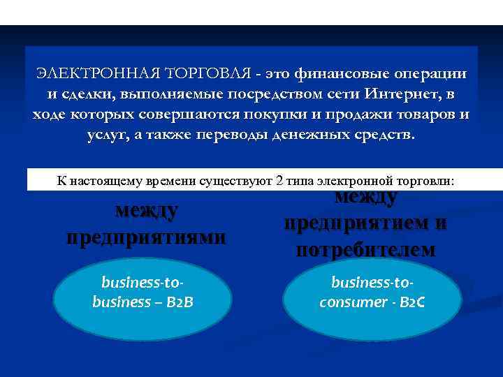 ЭЛЕКТРОННАЯ ТОРГОВЛЯ - это финансовые операции и сделки, выполняемые посредством сети Интернет, в ходе